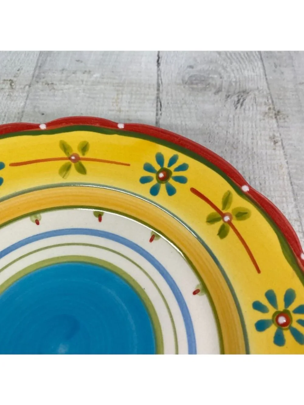 Culinary Arts PETIT JARDIN Yellow Blue Flower Scallop Ceramic Salad Plate Set 4